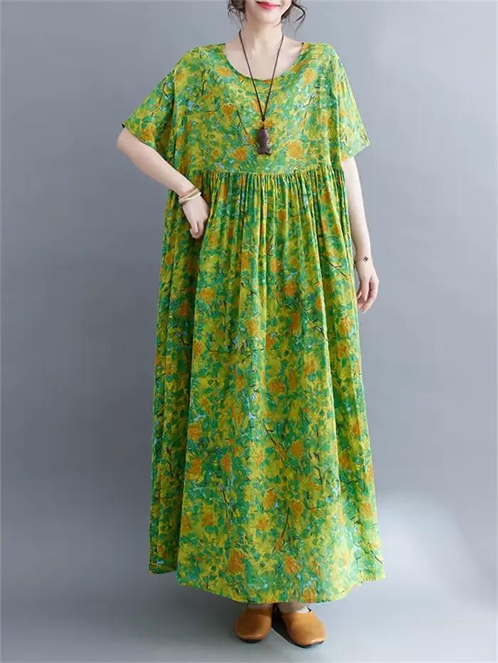 Robe longue décontractée en coton à manches courtes imprimé vert style vintage pour femme 2026 – Ten