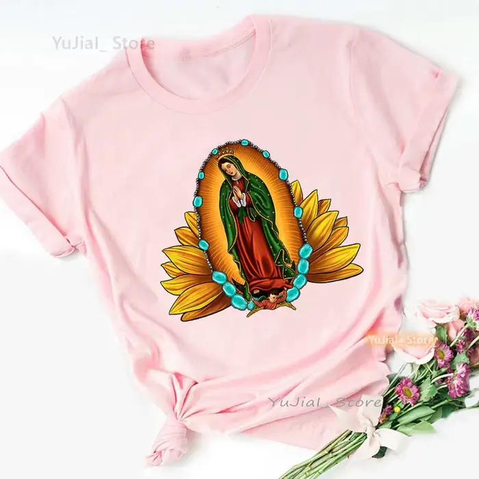Léopard vierge marie Guadalup imprimer t-shirt filles mode d'été jésus rose t-shirt femmes Harajuku 