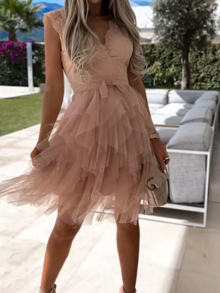 Dentelle col en V femmes taille haute robe unie été dame Patchwork maille robe asymétrique sans manc
