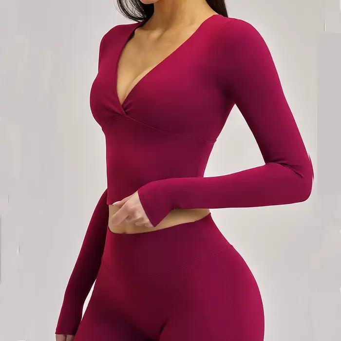 T-shirts de yoga pour femmes, coupe ajustée, manches longues, vêtements de sport, de fitness, de cou