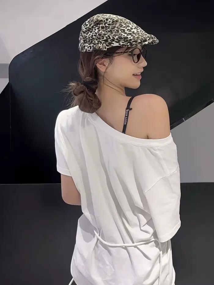 White 100% Cotton Y2k Vintage Oversize Off shoulder Short sleeve T shirt With Print Women Casual Sum