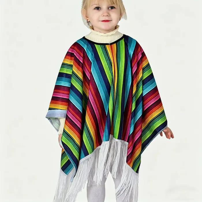 Poncho mexicain pour enfants, cape à rayures colorées avec franges, déguisement d'Halloween pour enf