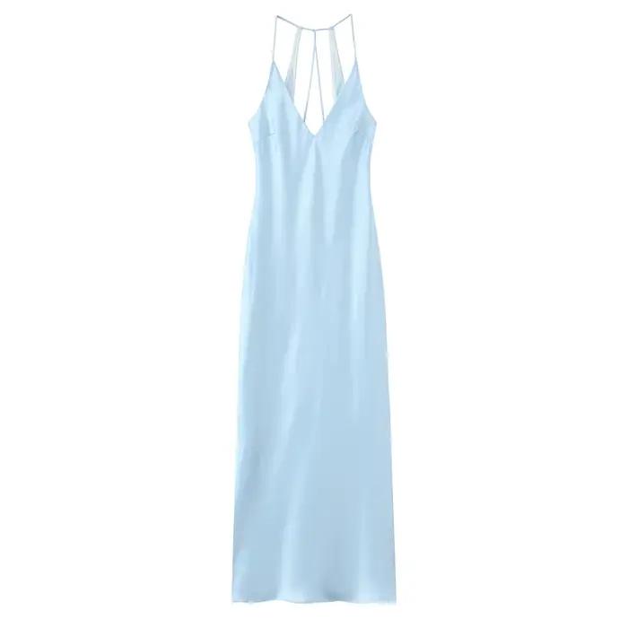 HH femmes été nouvelle Lingerie soie Satin Texture Midi robe longue femme Chic col en v Sexy sans ma