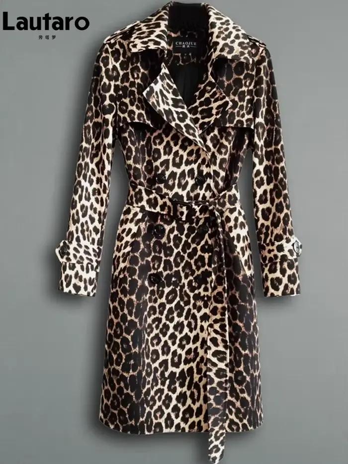 Lautaro printemps automne longue élégant imprimé léopard Trench manteau pour femmes ceinture Double 