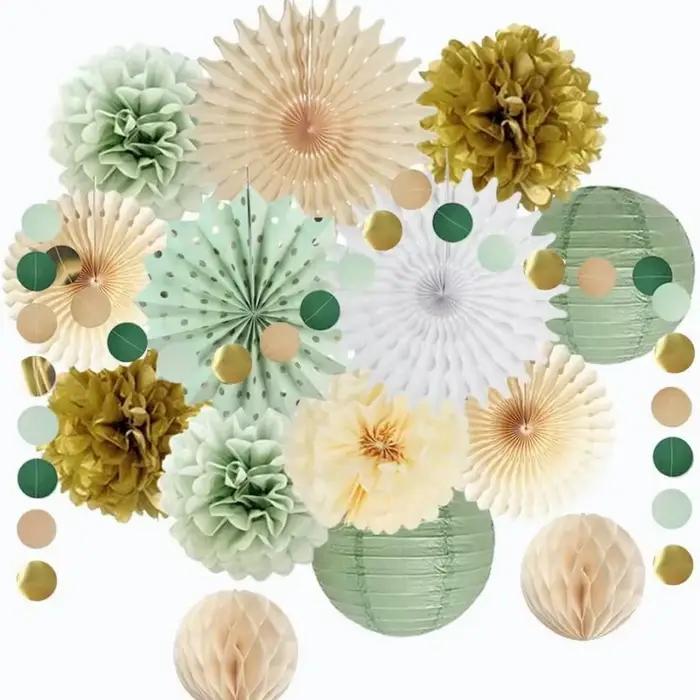 Décorations suspendues en papier vert sauge, lanternes et fleurs pompons pour mariage, fête, anniver
