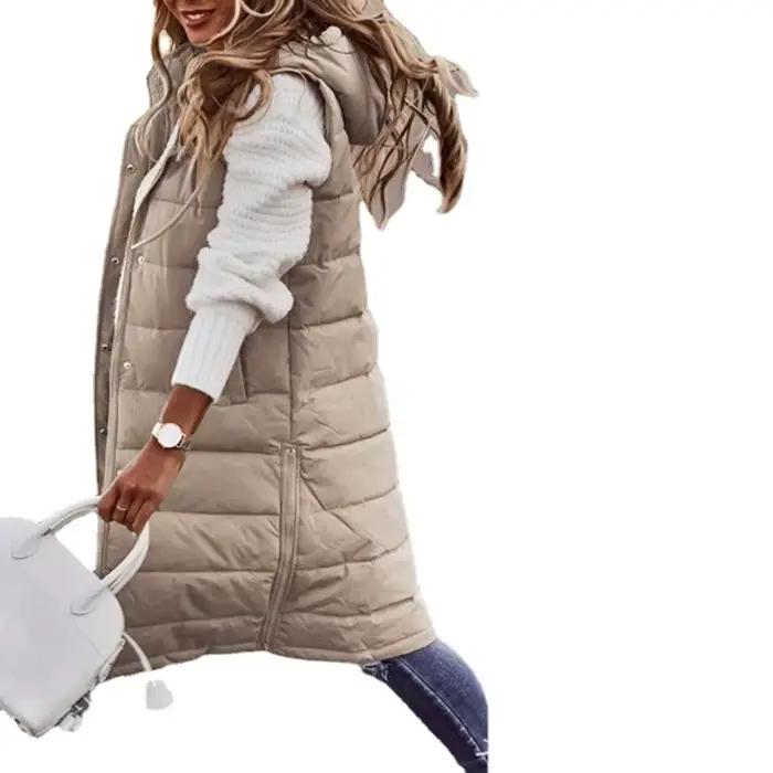 Femmes manteau Long gilet avec capuche automne hiver sans manches chaud coton vers le bas manteau gi