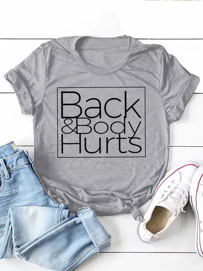 T-shirt à manches courtes et col rond pour femmes, ample, avec imprimé de lettres, dos et corps bles