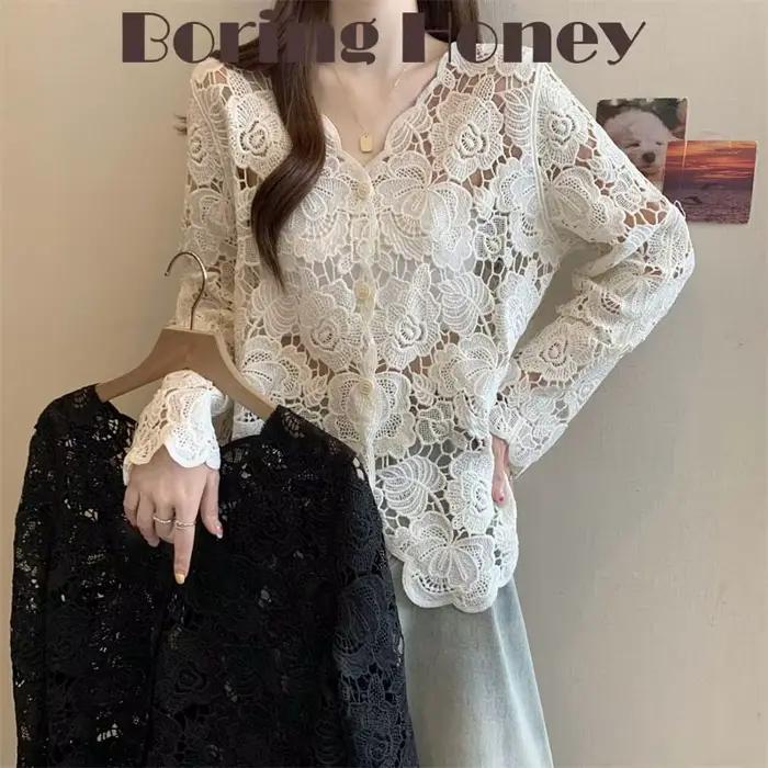 Boring Honey grande taille dentelle Crochet évider col en v chemise à manches longues femmes à la mo