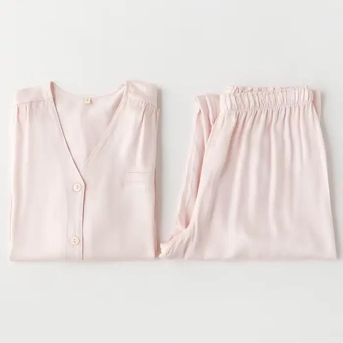 Ensemble pyjama élégant en Satin soyeux pour femmes, vêtements de nuit à manches longues, col en v, 