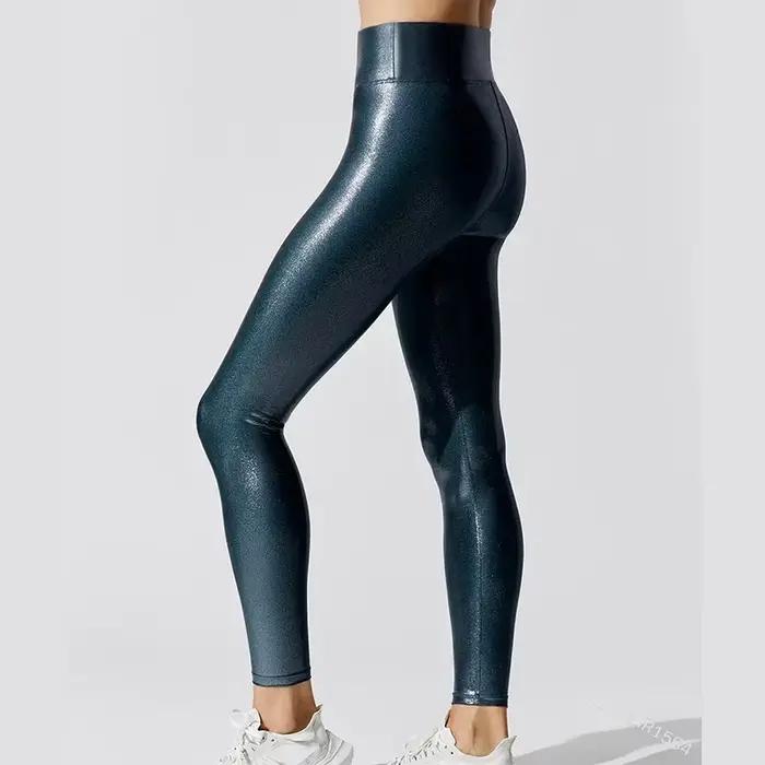 Pantalon de Yoga brillant métallique pour femmes, Leggings taille élastique, vêtements de sport bril