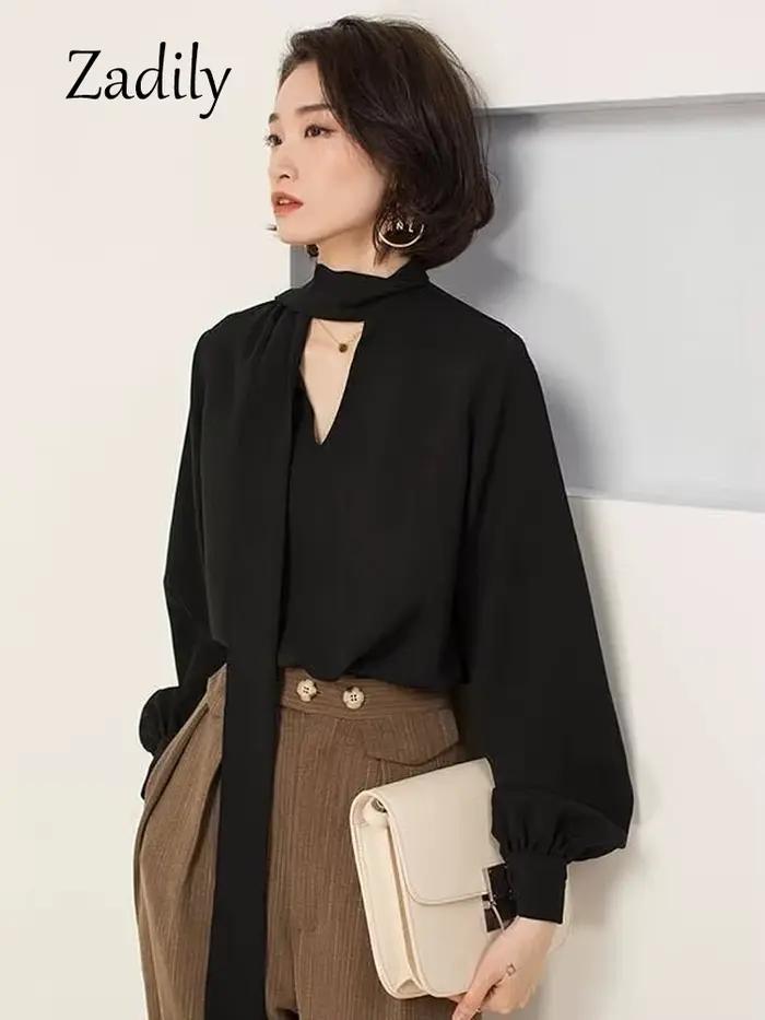 Dignily-Chemisier noir en mousseline de soie pour femme, chemise à manches longues, col en V, vêteme
