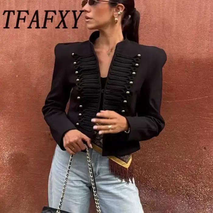 TFAFXY 2026 Printemps Veste Courte Décontractée pour Femme à Manches Fines et Patchwork, Style Urbai