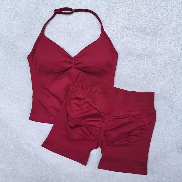 Ensemble de Yoga sans couture pour femmes, 2 pièces, débardeur rembourré, col licou, froissé, levage
