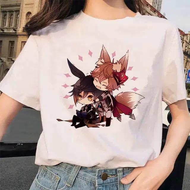 T-shirt à manches courtes pour femmes, 100% coton, Hu Tao Morax Zhongmovies Tartaglia Paimon, Genshi
