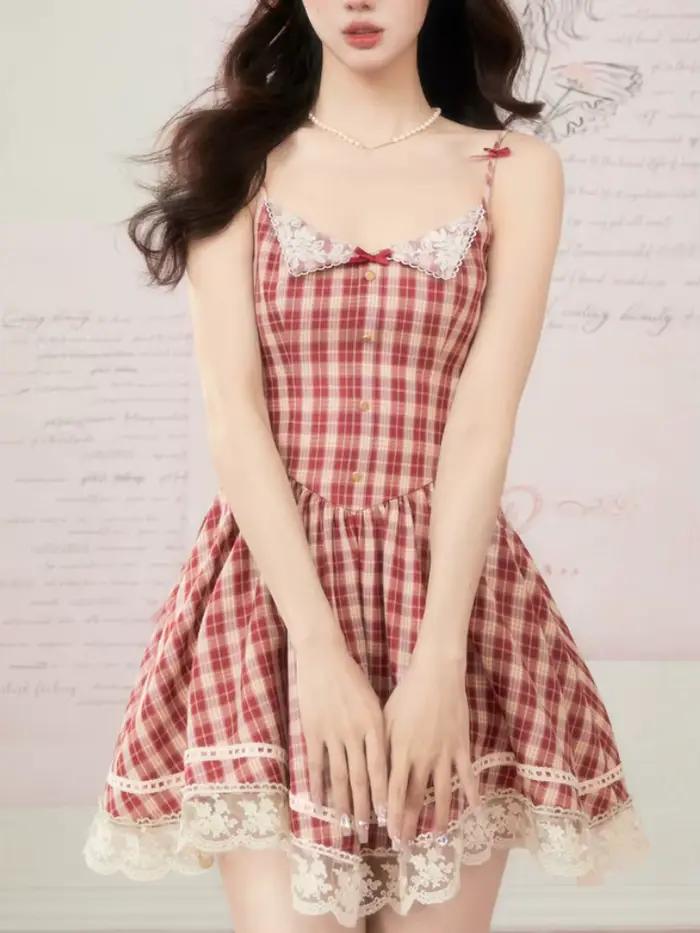 Mini robe d'été à carreaux pour femmes, bretelles spaghetti, nœud Kawaii, dentelle, dos nu, style fr