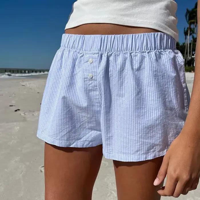 Short décontracté à imprimé rayé pour femme, taille élastique, bas boutonnés à la mode, streetwear c