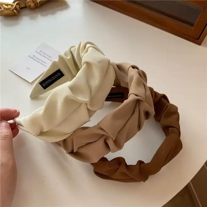 Accessoires pour cheveux coréens, couleur unie, coton froissé, cerceau de tête pour femmes, large lu