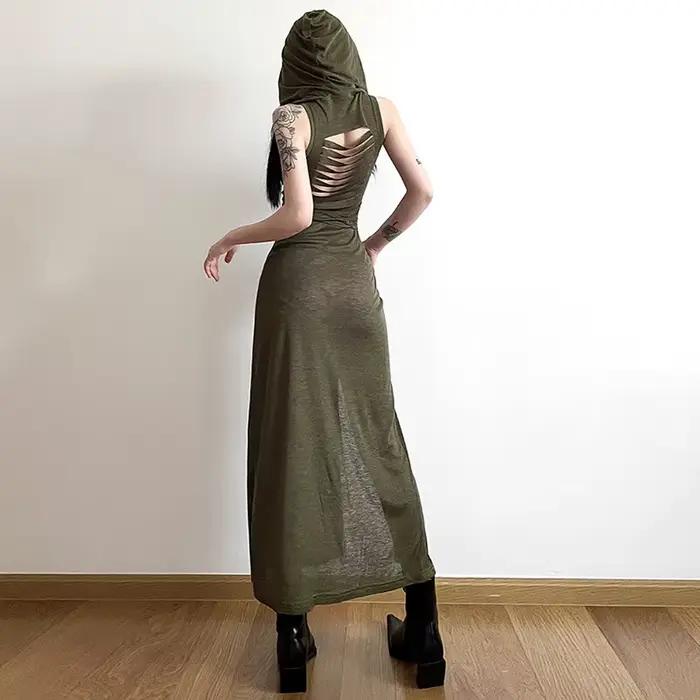 Robe longue fendue à capuche pour femme, style européen et américain, robe évidée, document pur, sex