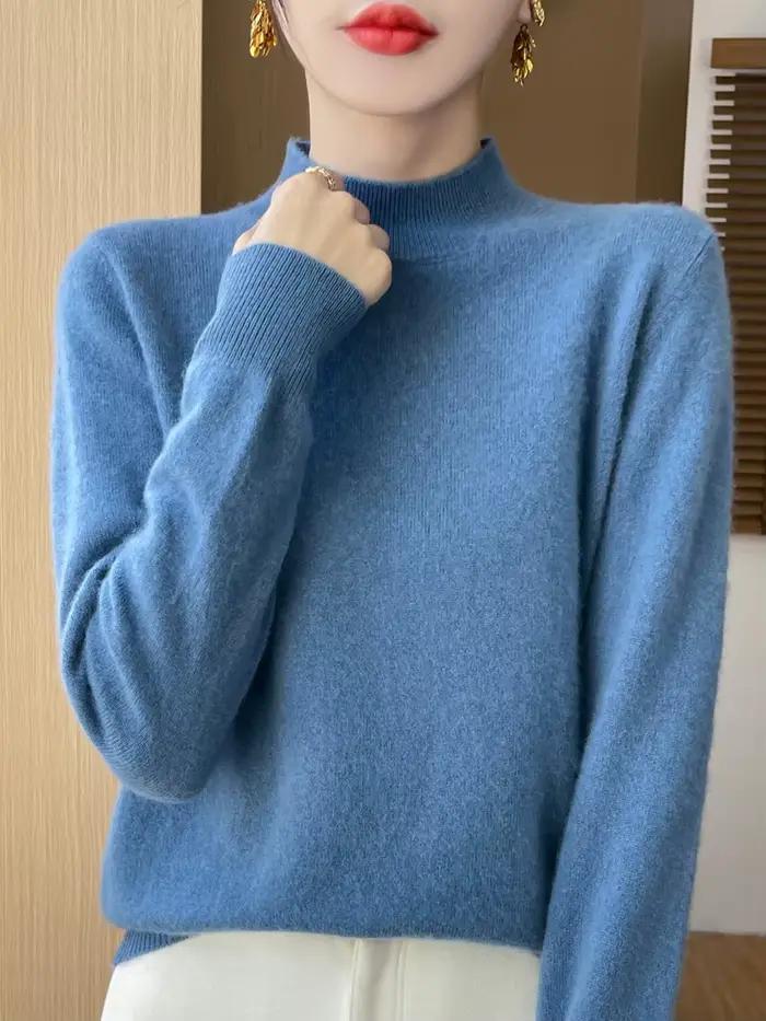 100% laine mérinos pull femmes col montant pull automne hiver basique doux chaud pulls à manches lon