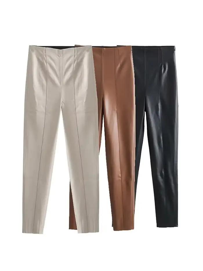 HH 2024 Pantalon en simili cuir pour femme Taille haute Pantalon à jambes droites Mode Femme Streetw