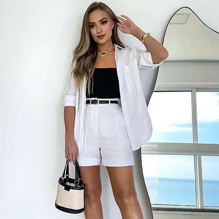 Ensemble de short 2 pièces blanc pour femme, chemise à revers à manches longues, short taille haute,