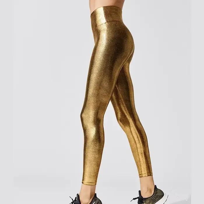 Pantalon de Yoga brillant métallique pour femmes, Leggings taille élastique, vêtements de sport bril