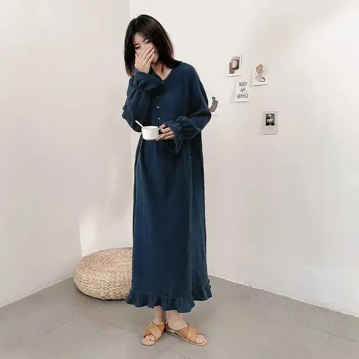 Robe 100% coton pour femmes, imprimé cerise, manches longues, boutonnée, Maxi, coréenne, confortable