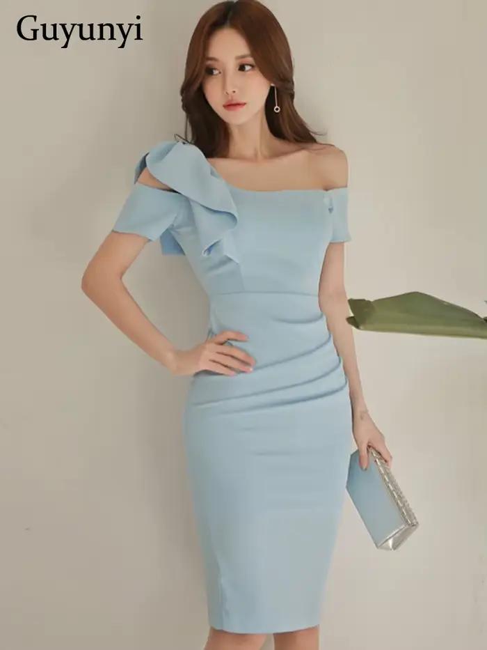Robe de soirée élégante bleu ciel pour femmes, style coréen, sans bretelles, dos nu, sexy, col alert