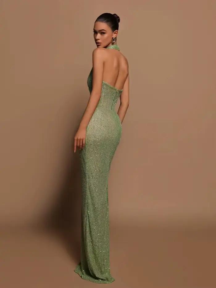 Robe longue à paillettes pour femmes, Sexy, col en V profond, col licou, vert, sans manches, dos nu,