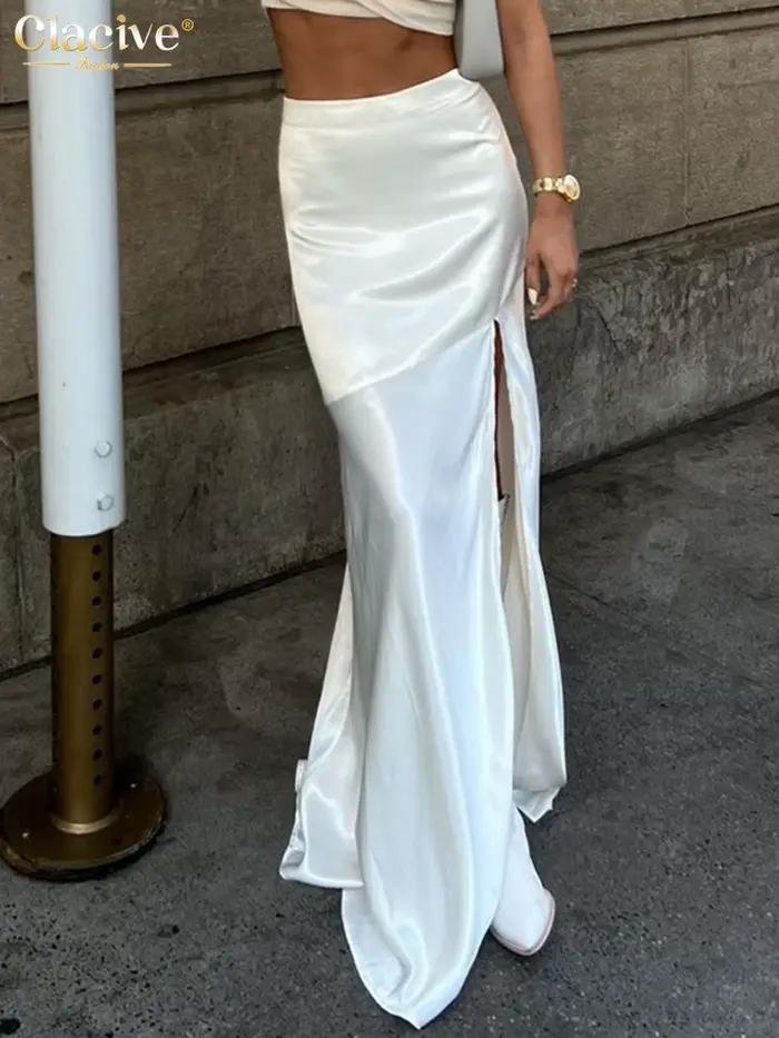 ClacMarkets-Jupe Longue en Satin Blanc pour Femme, Sexy, Mode, Taille Haute, Élégante, Chic, Fente L