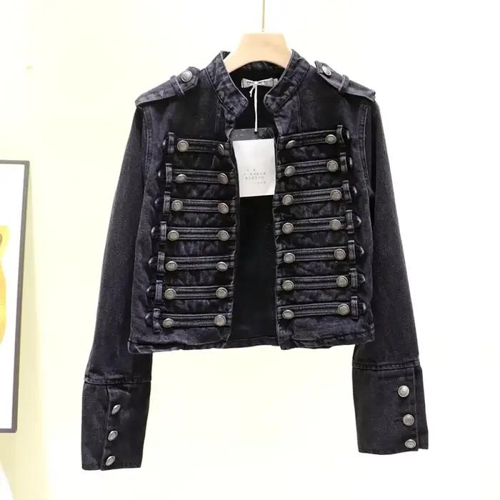 Printemps femmes col montant Double boutonnage Denim veste automne mince court jean veste noir à man