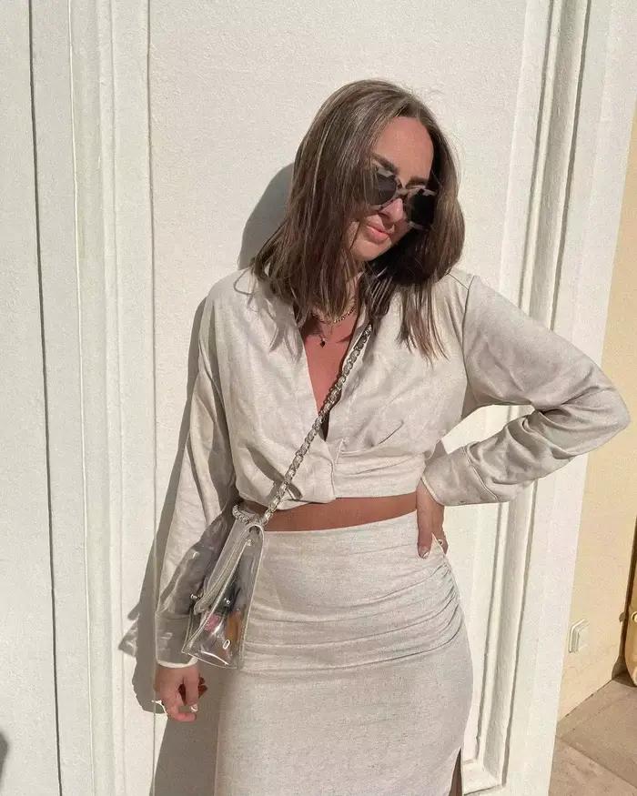Chemise courte à manches longues et col rabattu pour femme, jupe décontractée fendue sur le côté, de
