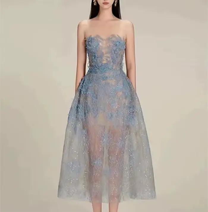 Robe de soirée de luxe pour femmes, col rond, sans manches, Patchwork, dentelle, maille florale, pai