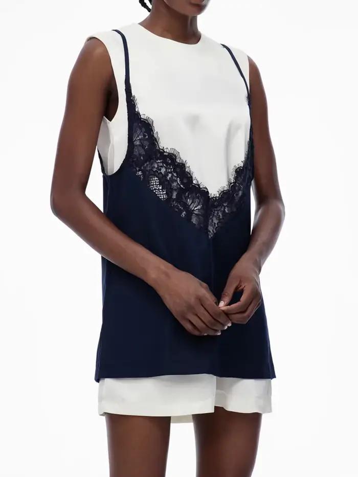 TWOTWINSTYLE Hit couleur épissé dentelle robes décontractées pour les femmes col rond sans manches b