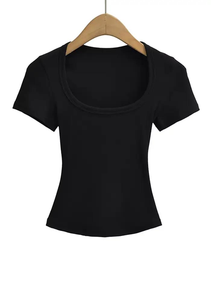 Col carré haute Stretch été culture hauts femmes à manches courtes hauts Sexy pull sommets Blouses m