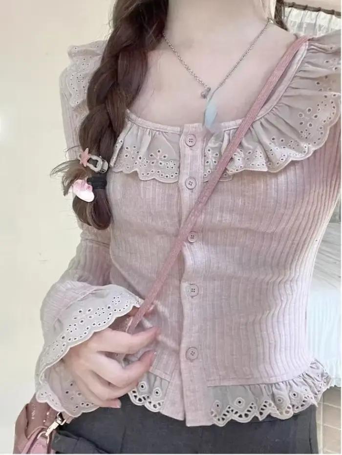 Chemisier Lolita en dentelle pour femme, tricot, coréen, élégant, manches longues, japonais, décontr