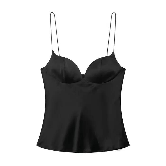 Nouveauté 2026 – Hauts d'été en satin texturé noir pour femme – Élégants débardeurs sexy à col en V 