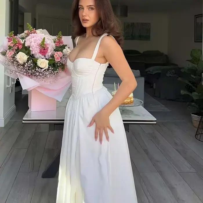 YENKYE-Robe trapèze mi-longue à lacets pour femme, robe en coton, robe fendue sur le devant, robe de