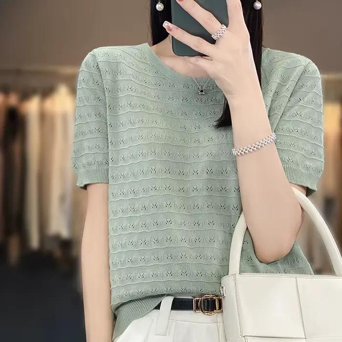 Pull décontracté à col rond pour femme, 2023 coton, manches courtes, haut tendance coréen, été, nouv