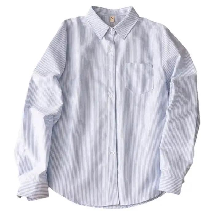 Chemises en coton d'automne pour femmes, basiques, col polo, rayure, manches longues, chemisier doux