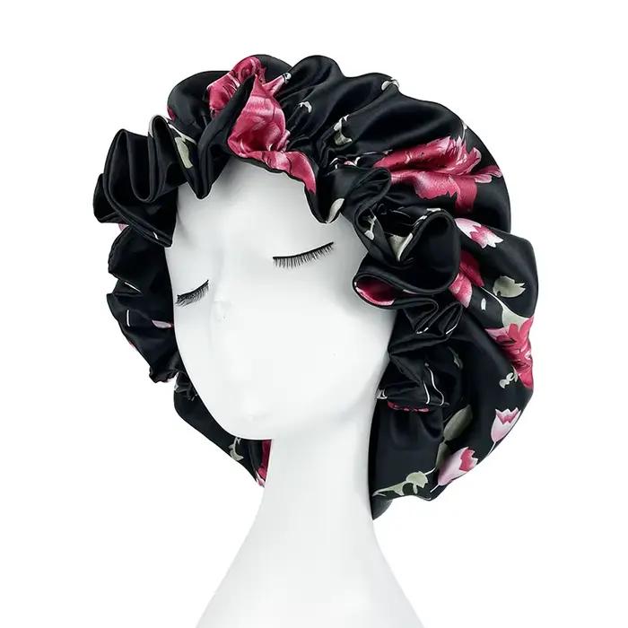 Double couche soyeux Satin Bonnet femmes bonnet de couchage grand réversible Satin doublé nuit somme