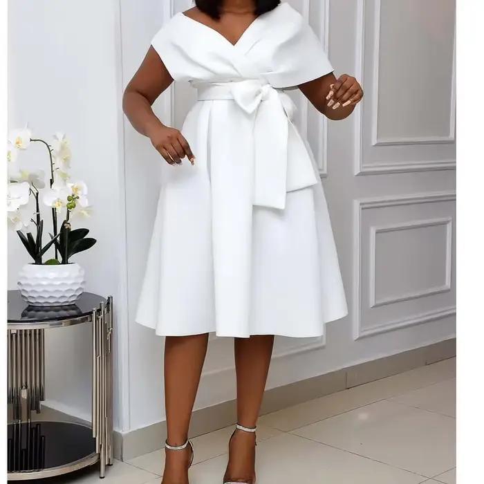 Robe de soirée élégante pour femme, col en V, manches courtes, épaules dénudées, à lacets, nœud, tai