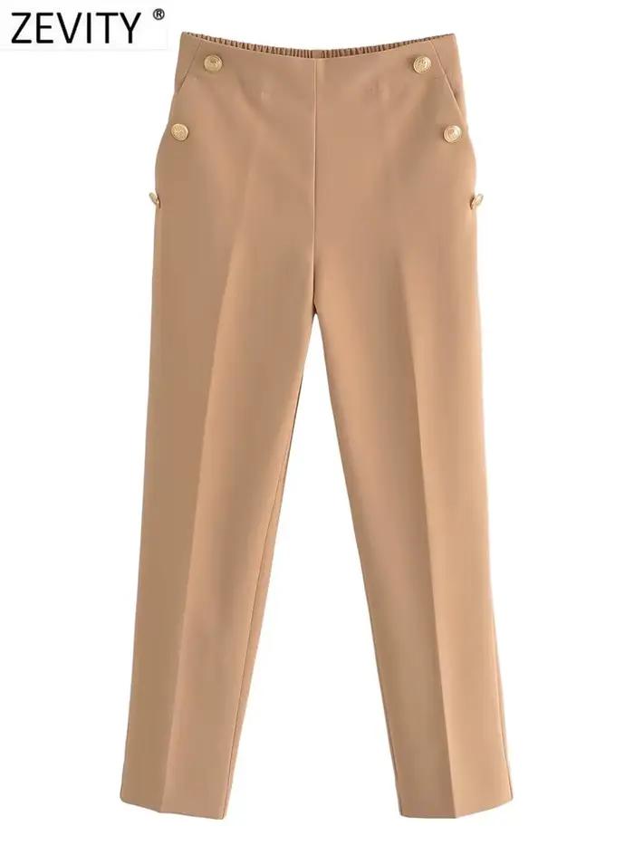 Zevity-Pantalon Crayon Décontracté pour Femme, Mode, Solide, Document, lèvent Dorés, Chic, Longueur 