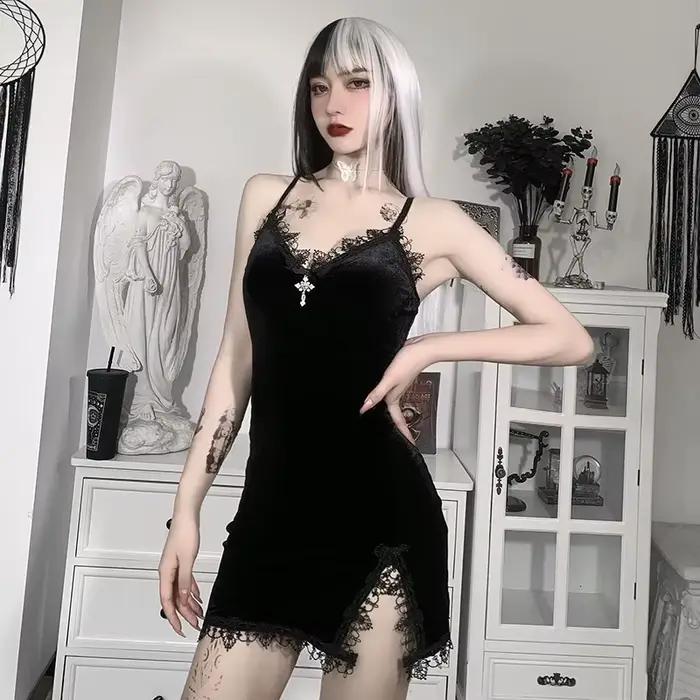 Mini robe noire croisée foncée, Vintage, Sexy, bretelles Spaghetti, taille haute, fente latérale, Go