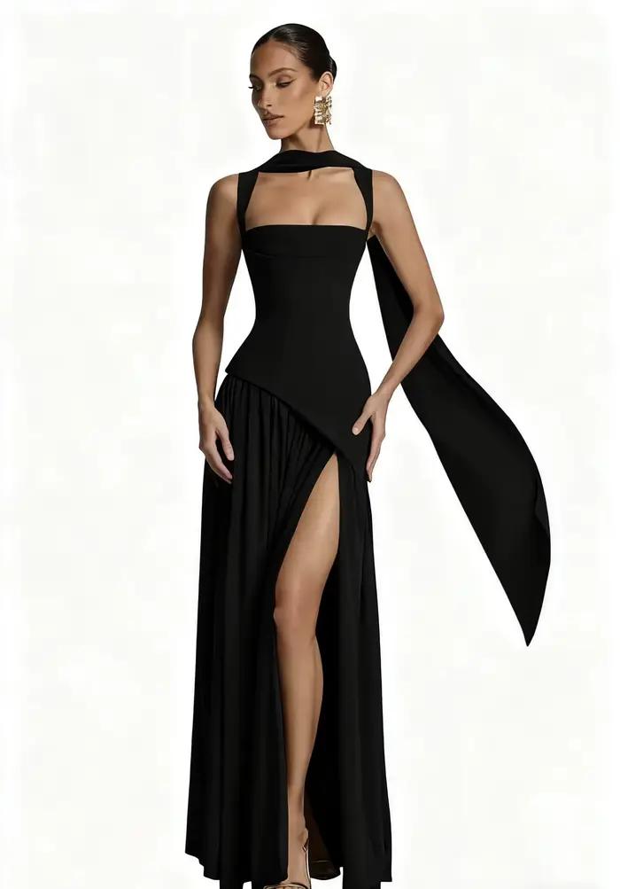 Robe longue élégante à corset et rubans pour femme, style nuisette fendue, pour soirée, demoiselle d