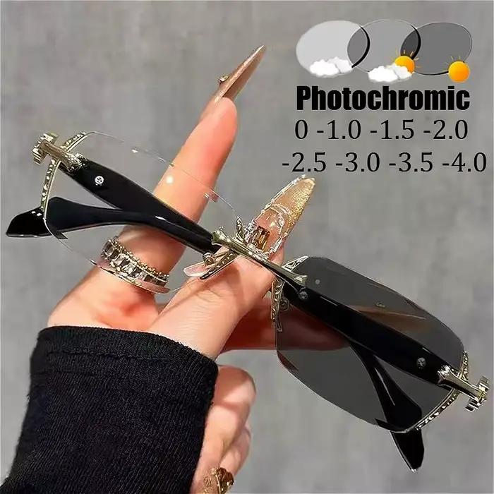Lunettes de myopie photochromiques sans cadre haut de gamme, argent, or, bleu, blocage de la lumière