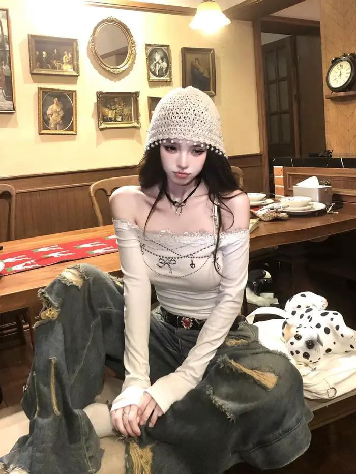 Tonngirls Harajuku imprimé t-shirt femmes maigre graphique hauts dentelle Y2k esthétique Vintage t-s