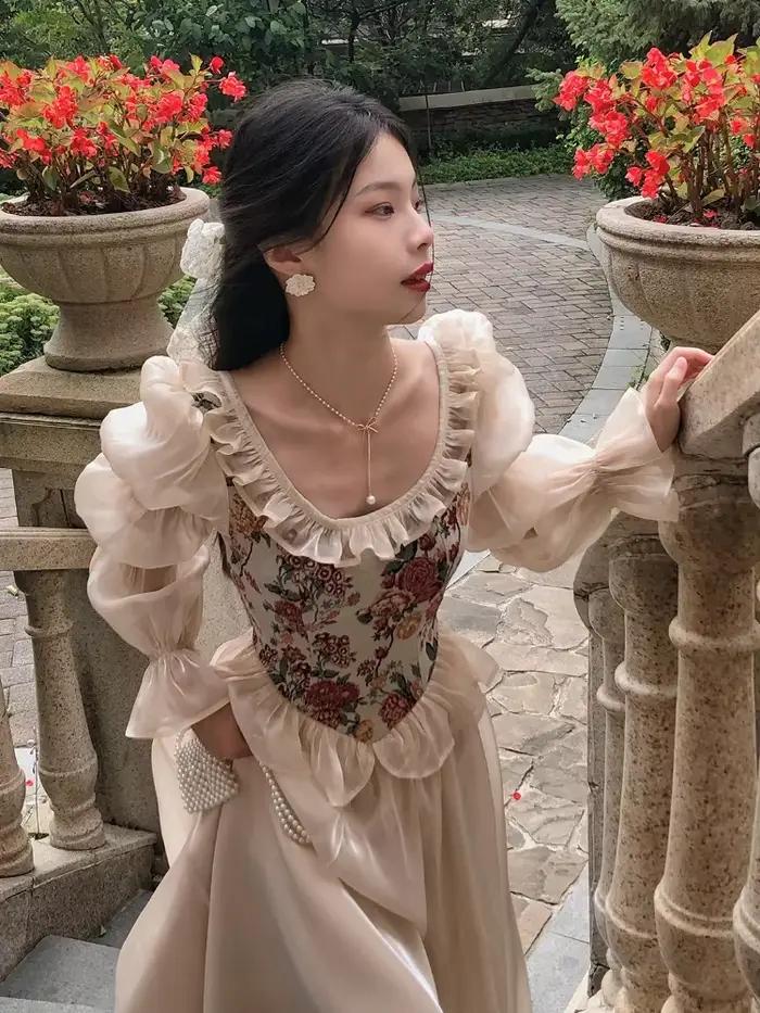 Vintage élégant imprimé robe florale femmes 2023 automne col rond décontracté soirée robe mi-longue 
