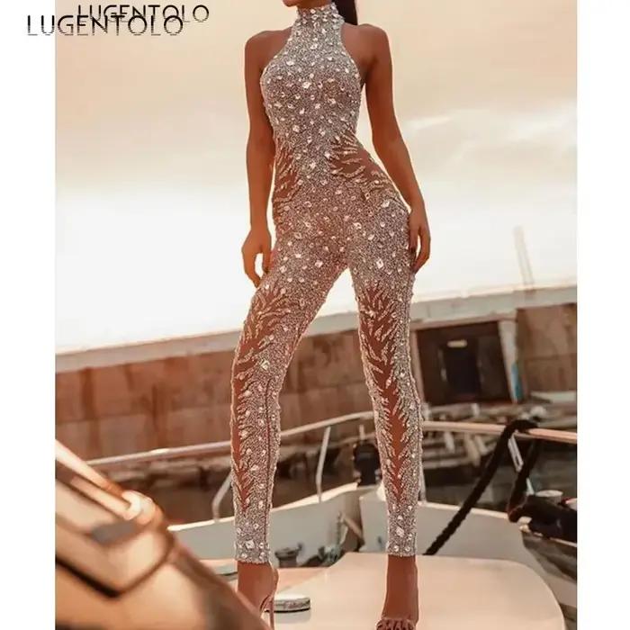 Combinaison Sexy Slim pour Femme, Brillante, Fibre Décontractée, Paillettes, Droite, ix, Maille, Lon