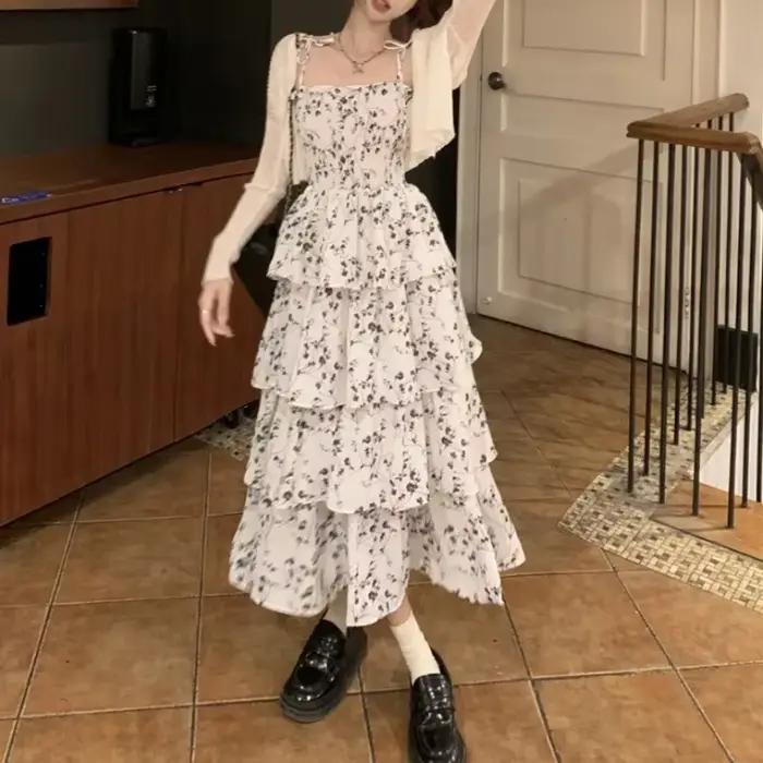 Robes mi-longues sans manches pour femmes, imprimé Floral, conçu français élégant, douce fille féeri